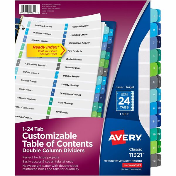 Avery&reg; Ready Index&reg; Double Column Table of Content Dividers, 24 tabs - 24 x Divider(s) - 1-24 - 24 Tab(s)/Set - 8.50" (215.90 mm) Divider Width x 11" (279.40 mm) Divider Length - 3 Hole Punched - White Paper Divider - Multicolor Paper Tab(s) - 20%