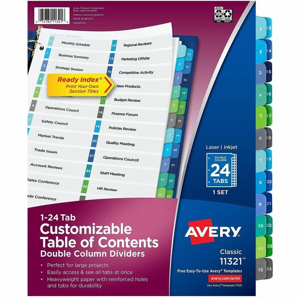 Avery&reg; Ready Index&reg; Double Column Table of Content Dividers, 24 tabs - 24 x Divider(s) - 24 Tab(s) - Digit - 1-24 - 24 Tab(s)/Set - 8.50" (215.90 mm) Divider Width x 11" (279.40 mm) Divider Length - 3 Hole Punched - White Paper Divider - Multicolo