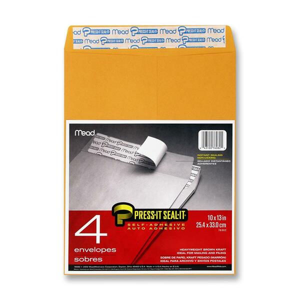 Mead Press It Seal It Envelope - Catalog - 10" (254 mm) Width x 13" (330.20 mm) Length - Self-sealing - Brown - Kraft - 4 / Pack