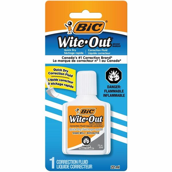 BIC Quick Dry Correction Fluid, White - Foam Brush Applicator - 20 mL - White - Quick Drying, Spill Resistant - 1 / Pack