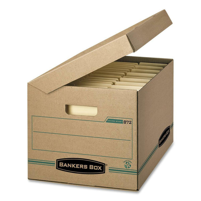 Bankers Box Flip-Top Attached Lid File Box - External Dimensions: 12" (304.80 mm) Width x 15" (381 mm) Depth x 10" (254 mm) Height - Media Size Supported: Letter, Legal - Flip Top Closure - Medium Duty - Stackable - Kraft - Kraft - Yes - 1 Each