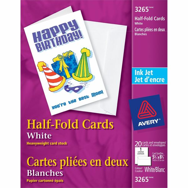 Avery&reg; Half-Fold Greeting Cards for Inkjet Printers, 5½" x 8½" - 97 Brightness - 5 1/2" x 8 1/2" - Matte - 20 / Pack - Heavyweight, Printable, Hassle-free, Jam-free, Smudge-free - White