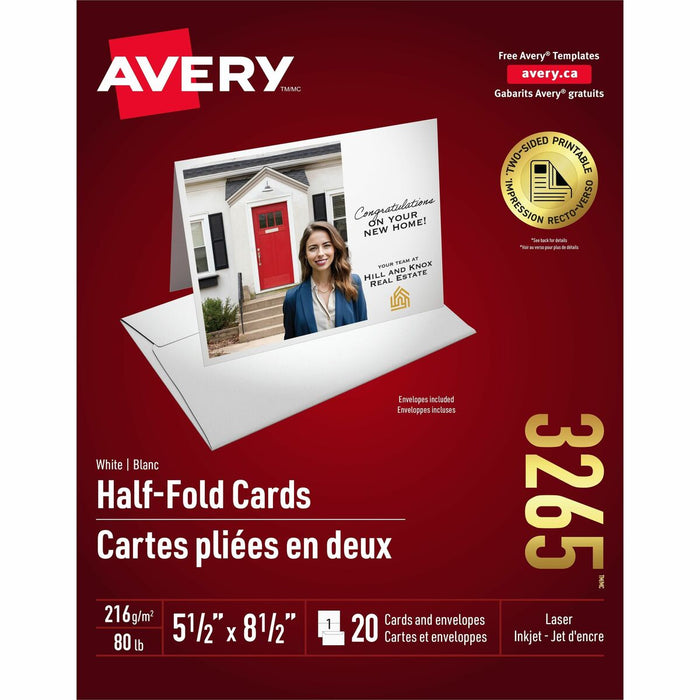 Avery&reg; Half-Fold Greeting Cardsfor Inkjet Printers, 5-1/2" x 8-1/2" - 97 Brightness - 5 1/2" (139.70 mm) x 8 1/2" (215.90 mm) - Matte - Heavyweight, Printable, Hassle-free, Jam-free, Smudge-free - White - 20 / Pack