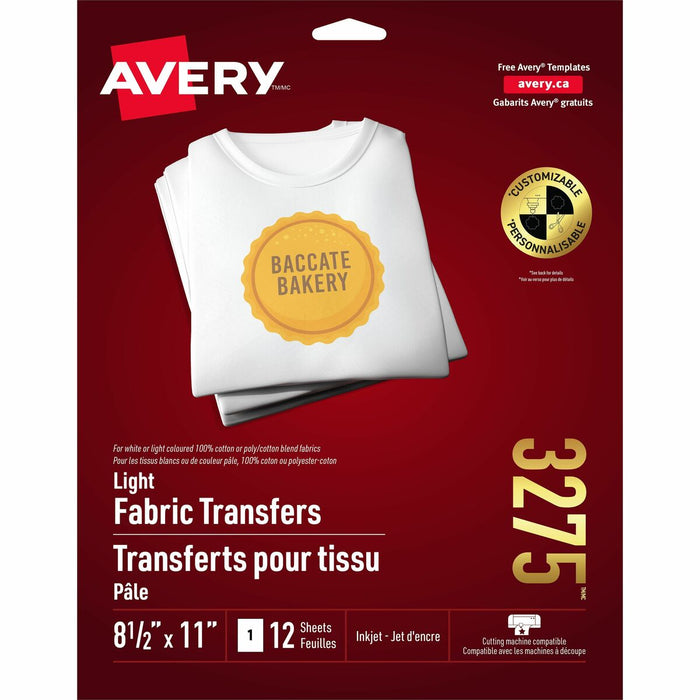 Avery&reg; T-Shirt Transfersfor Inkjet Printers - Letter - 8 1/2" (215.90 mm) x 11" (279.40 mm) - Matte - Printable, Easy Peel, Die-cut, Long Lasting, Crack Resistant - 12/Pack - 6 / Carton