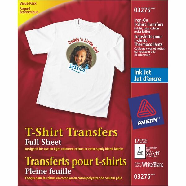 Avery&reg; T-Shirt Transfers for Inkjet Printers - Letter - 8 1/2" x 11" - Matte - 12 / Pack - Printable, Easy Peel, Die-cut, Long Lasting, Crack Resistant