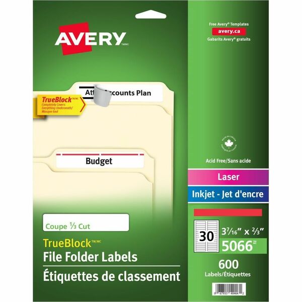 Avery&reg; Filing Labels with TrueBlock&trade; Technology for Laser and Inkjet Printers, 3-7/16" x ?" , Red - 2/3" Height x 3 7/16" Width - Permanent Adhesive - Rectangle - Laser, Inkjet - Red, White - Paper - 30 / Sheet - 600 Total Label(s) - 600 / Pack