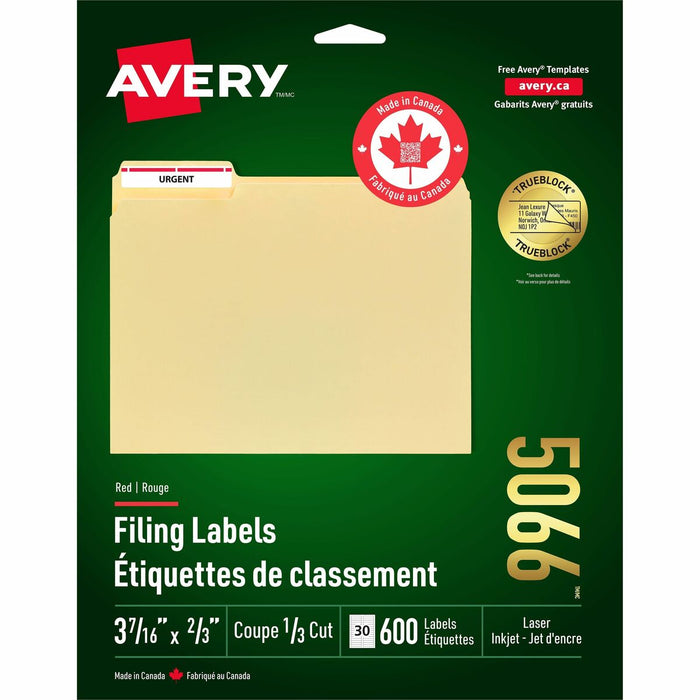 Red Filing Labels with TrueBlock™ Technology for Laser and Inkjet Printers, 3-7/16" x 2/3" - Permanent Adhesive - Laser, Inkjet - Red - 30 / Sheet - 600 / Pack