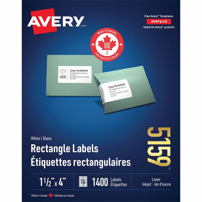 White Rectangle Labels 1 1/2" x 4" , Permanent Adhesive, for Laser and Inkjet Printers - 1 1/2" (38.10 mm) Height x 4" (101.60 mm) Width - Permanent Adhesive - Rectangle - Laser, Inkjet - Matte White - Paper - 14 / Sheet - 1400 / Pack