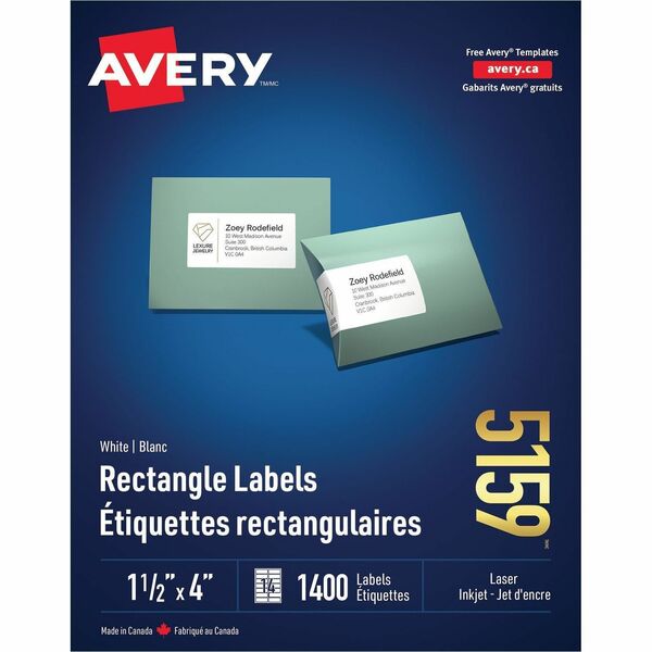 Avery&reg; White Rectangle Labels 1½" x 4" , for Laser and Inkjet Printers - 4" Width x 1 1/2" Length - Rectangle - Laser - 1400 / Box - Smudge Resistant, Jam-free