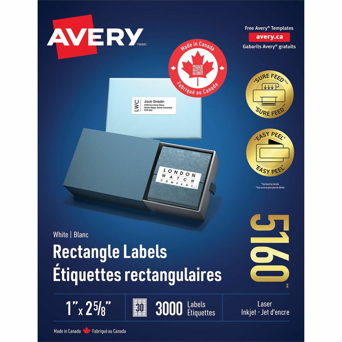 Avery Mailing Label 05160 Easy Peel - 1" Width x 2 5/8" Length - 3000 / Box - 30/Sheet - Laser - White