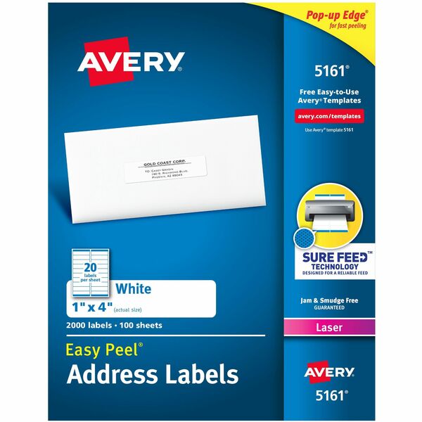 Avery&reg; White Rectangle Labels with Sure Feed&trade; Technology,Easy Peel&reg;, 1" x 4" , for Laser and Inkjet Printers - 1" (25.40 mm) Height x 4" (101.60 mm) Width - Permanent Adhesive - Rectangle - Laser - Matte - White - Paper - 20 / Sheet - 100 To