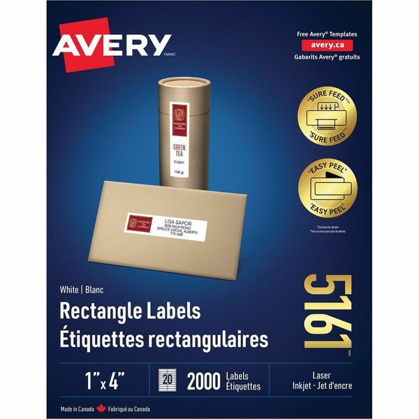 Avery&reg; White Rectangle Labels with Sure Feed&trade; Technology, Easy Peel&reg;, 1" x 4" , for Laser and Inkjet Printers - 1" Height x 4" Width - Permanent Adhesive - Rectangle - Laser - White - Paper - 20 / Sheet - 100 Total Sheets - 2000 Total Label(