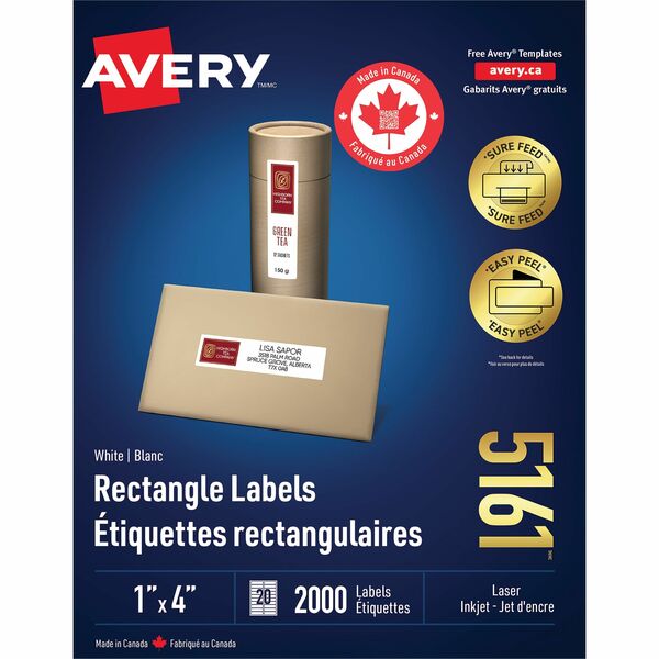 Avery&reg; White Rectangle Labels with Sure Feed™ Technology - 1" (25.40 mm) Height x 4" (101.60 mm) Width - Permanent Adhesive - Rectangle - Laser - Matte - White - Paper - 20 / Sheet - 100 Total Sheets - 2000 Total Label(s) - 2000 / Box