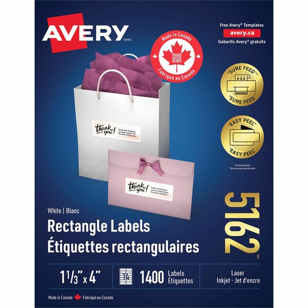Avery&reg; White Rectangle Labels with Sure Feed Technology - 1 21/64" (33.78 mm) Width x 4" (101.60 mm) Length - Permanent Adhesive - Rectangle - Laser - Matte - White - Paper - 14 / Sheet - 100 Total Sheets - 1400 Total Label(s) - 1400 / Box