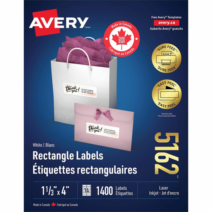 White Rectangle Labels with Easy Peel&reg; Sure Feed™ 1-1/3" x 4" for Laser and Inkjet Printers - - HeightPermanent Adhesive - Rectangle - Laser, Inkjet - Matte White - Paper - 14 / Sheet - 1400 / Pack