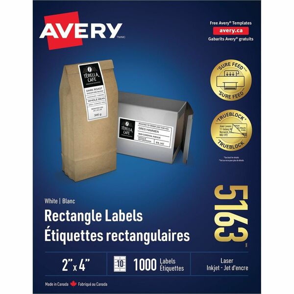 Avery&reg; White Rectangle Labels with Sure Feed&trade; Technology, TrueBlock&reg;, 2" x 4" , for Laser and Inkjet Printers - 2" Height x 4" Width - Permanent Adhesive - Rectangle - Laser - White - Paper - 10 / Sheet - 100 Total Sheets - 1000 Total Label(