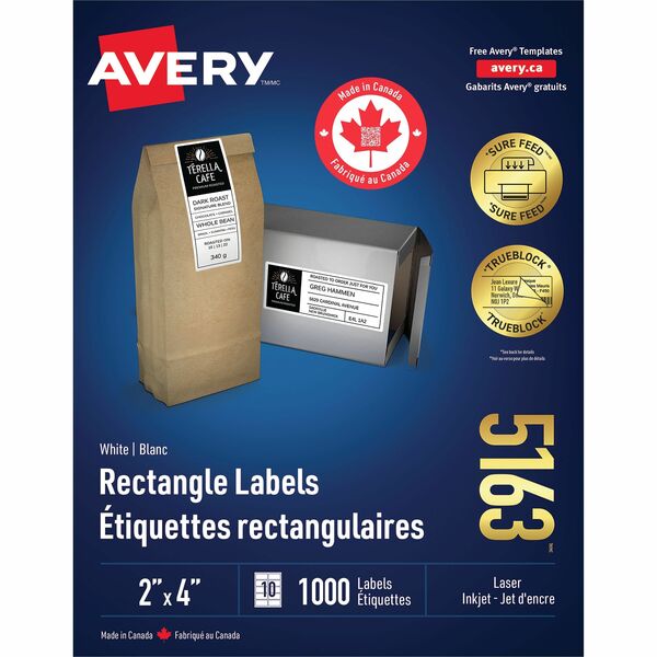 Avery&reg; White Rectangle Labels with Sure Feed™ Technology - 2" (50.80 mm) Height x 4" (101.60 mm) Width - Permanent Adhesive - Rectangle - Laser - Matte - White - Paper - 10 / Sheet - 100 Total Sheets - 1000 Total Label(s) - 1000 / Box