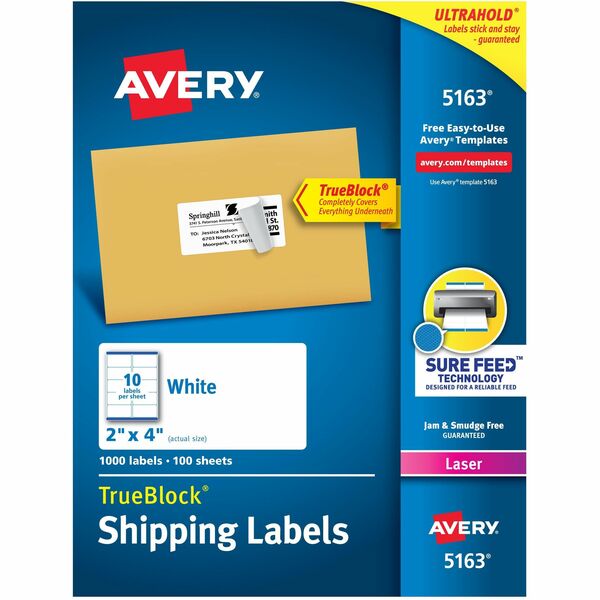 Avery&reg; White Rectangle Labels with Sure Feed&trade; Technology,TrueBlock&reg;, 2" x 4" , for Laser and Inkjet Printers - 2" (50.80 mm) Height x 4" (101.60 mm) Width - Permanent Adhesive - Rectangle - Laser - Matte - White - Paper - 10 / Sheet - 100 To