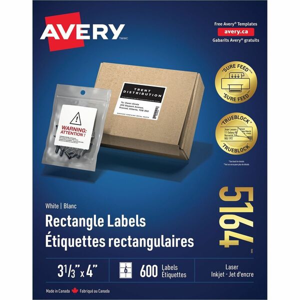 Avery&reg; White Rectangle Labels with Sure Feed&trade; Technology, TrueBlock&reg;, 3?" x 4" , for Laser and Inkjet Printers - 3 1/3" Height x 4" Width - Permanent Adhesive - Rectangle - Laser - Bright White - Paper - 6 / Sheet - 100 Total Sheets - 600 To