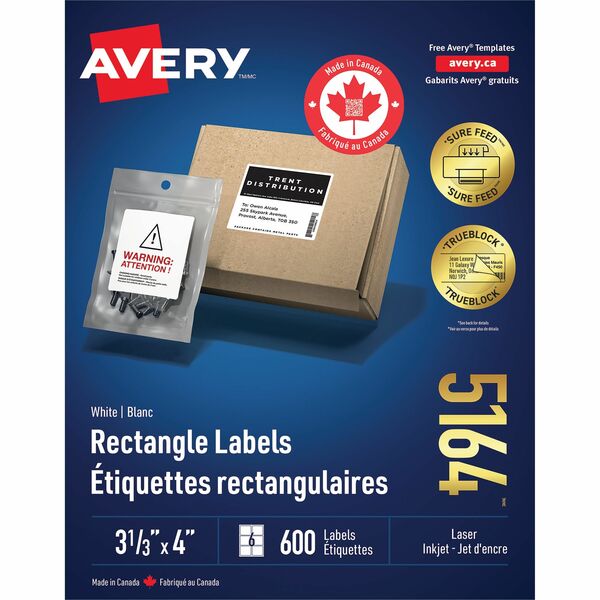 Avery&reg; White Rectangle Labels with Sure Feed Technology - 3 1/3" (84.66 mm) Height x 4" (101.60 mm) Width - Permanent Adhesive - Rectangle - Laser - Matte - White - Paper - 6 / Sheet - 100 Total Sheets - 600 Total Label(s) - 600 / Box