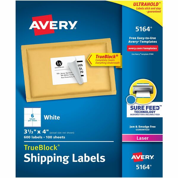 Avery&reg; White Rectangle Labels with Sure Feed&trade; Technology,TrueBlock&reg;, 3-1/3" x 4" , for Laser and Inkjet Printers - 3 1/3" (84.66 mm) Height x 4" (101.60 mm) Width - Permanent Adhesive - Rectangle - Laser - Matte - White - Paper - 6 / Sheet -