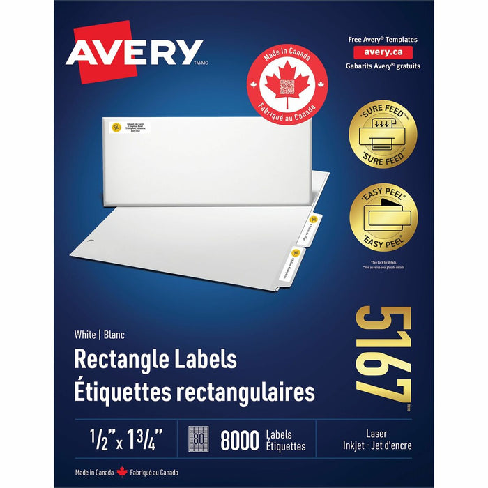 White Rectangle Labels with Sure Feed™ Technology Easy Peel&reg;, 1-3/4" x 1/2" , Permanent Adhesive, for Laser and Inkjet Printers - 1/2" (12.70 mm) Height x 1 3/4" (44.45 mm) Width - Permanent Adhesive - Rectangle - Laser, Inkjet - Matte White - P