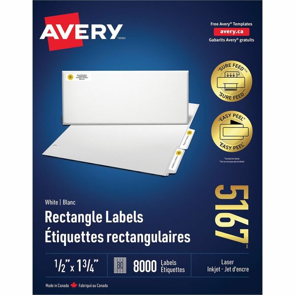 Avery&reg; White Rectangle Labels with Sure Feed&trade; Technology, Easy Peel&reg;, ½" x 1¾" , for Laser and Inkjet Printers - 1/2" Height x 1 3/4" Width - Permanent Adhesive - Rectangle - Laser - White - Paper - 80 / Sheet - 100 Total Sheets - 8000 Total