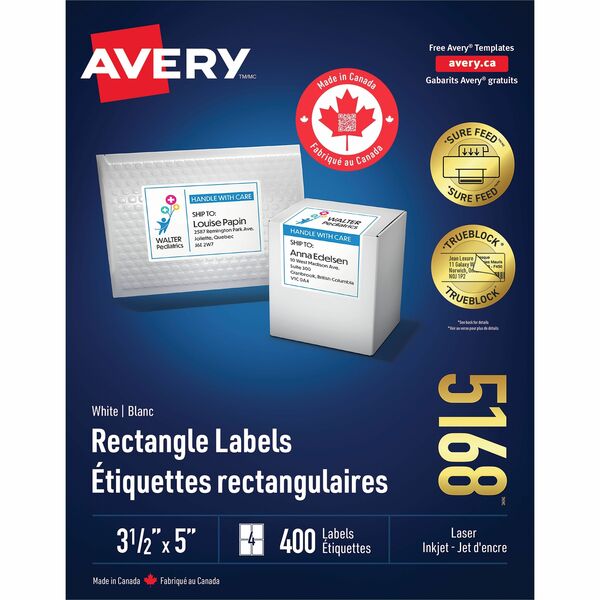 Avery&reg; White Rectangle Labels with Sure Feed Technology TrueBlock 3½" x 5" - 3 1/2" (88.90 mm) Height x 5" (127 mm) Width - Permanent Adhesive - Rectangle - Laser - Matte - White - Paper - 4 / Sheet - 100 Total Sheets - 400 Total Label(s) - 400 / Box