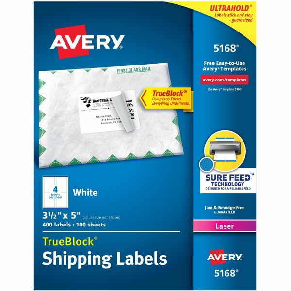 Avery&reg; White Rectangle Labels with Sure Feed&trade; TechnologyTrueBlock&reg; 3-1/2" x 5" , for Laser and Inkjet Printers - 3 1/2" (88.90 mm) Height x 5" (127 mm) Width - Permanent Adhesive - Rectangle - Laser - Matte - White - Paper - 4 / Sheet - 100