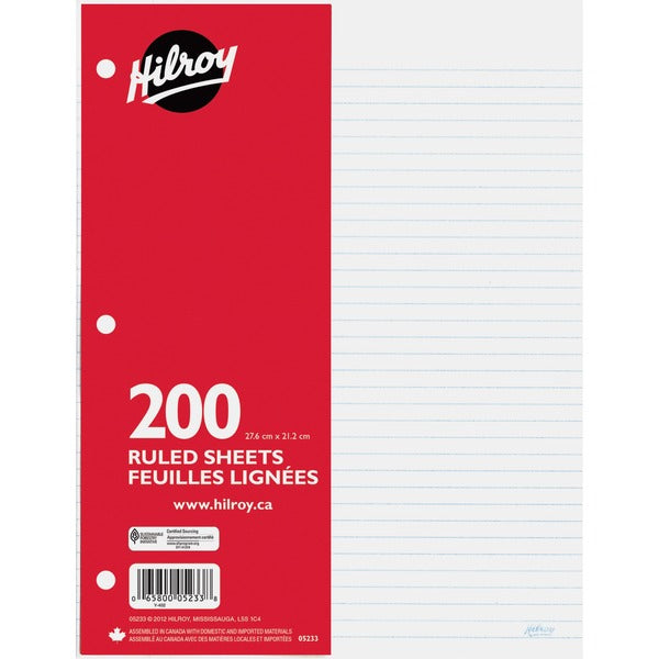 Hilroy 7mm Ruled With Margin Filler Paper - 200 Sheets - 3-ring Binding - 15 lb (6803.89 g) Basis Weight - 10 7/8" (276.10 mm) x 8 3/8" (212.60 mm) Sheet Size - White Paper - Hole-punched, Heavyweight, Tear Resistant - 200 / Pack