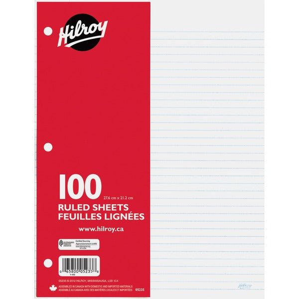 Hilroy 7mm Ruled With Margin Filler Paper - 100 Sheets - 3-ring Binding - 24 lb (10886.22 g) Basis Weight - 10 7/8" (276.10 mm) x 8 3/8" (212.60 mm) Sheet Size - White Paper - Hole-punched, Heavyweight, Tear Resistant - 100 / Pack