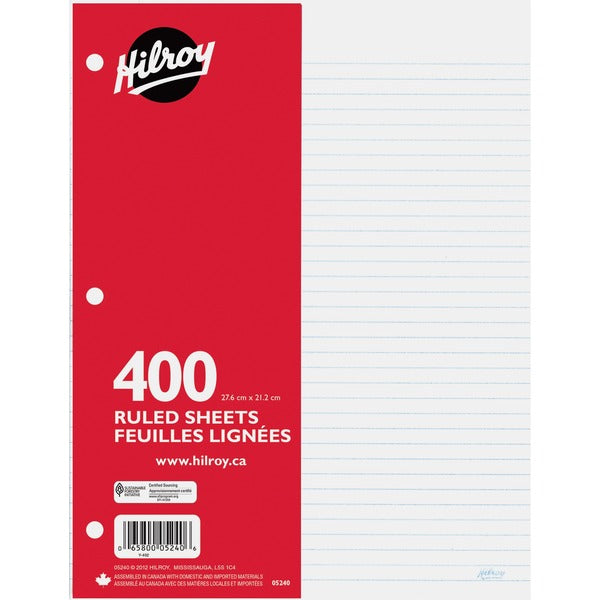 Hilroy 7mm Ruled With Margin Filler Paper - 400 Sheets - 3-ring Binding - 24 lb (10886.22 g) Basis Weight - 10 7/8" (276.10 mm) x 8 3/8" (212.60 mm) Sheet Size - White Paper - Hole-punched, Heavyweight, Tear Resistant - 400 / Pack