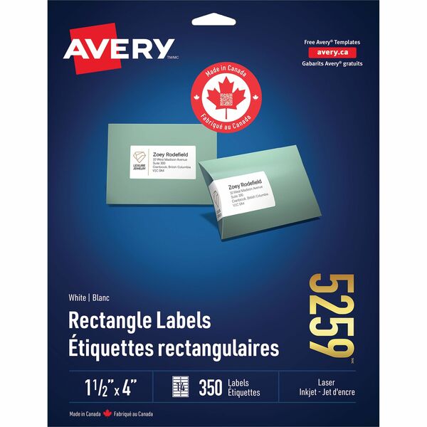 Avery&reg; White Rectangle Labels1-1/2" x 4" , for Laser and Inkjet Printers - 1 1/2" (38.10 mm) Width x 4" (101.60 mm) Length - Permanent Adhesive - Rectangle - Laser - White - 350 / Pack