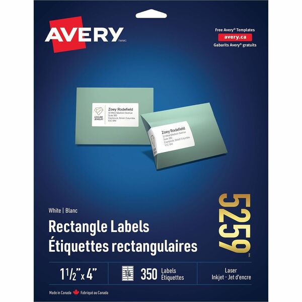Avery&reg; White Rectangle Labels 1½" x 4" , for Laser and Inkjet Printers - 1 1/2" Width x 4" Length - Permanent Adhesive - Rectangle - Laser - White - 350 / Pack - Jam-free, Smudge-free
