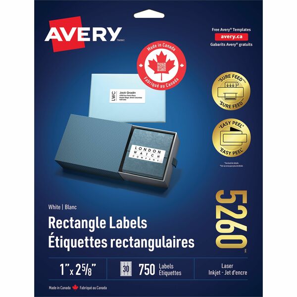 Avery&reg; White Rectangle Labels with Sure Feed Technology - 1" (25.40 mm) Height x 2 5/8" (66.68 mm) Width - Permanent Adhesive - Rectangle - Laser - Matte - White - Paper - 30 / Sheet - 25 Total Sheets - 750 Total Label(s) - 750 / Pack