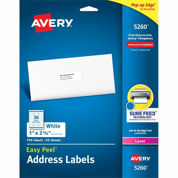 Avery&reg; White Rectangle Labels with Sure Feed&trade; Technology,Easy Peel&reg;, 1" x 2-5/8" , for Laser and Inkjet Printers - 1" (25.40 mm) Height x 2 5/8" (66.68 mm) Width - Permanent Adhesive - Rectangle - Laser - Matte - White - Paper - 30 / Sheet -