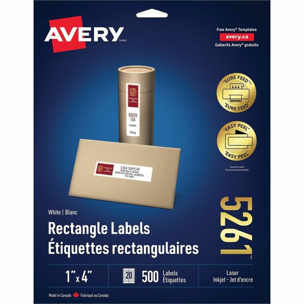 Avery&reg; White Rectangle Labels with Sure Feed&trade; Technology, Easy Peel&reg;, 1" x 4" , for Laser and Inkjet Printers - 1" Height x 4" Width - Permanent Adhesive - Rectangle - Laser - White - Paper - 20 / Sheet - 25 Total Sheets - 500 Total Label(s)