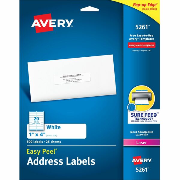 Avery&reg; White Rectangle Labels with Sure Feed&trade; Technology, Easy Peel&reg;, 1" x 4" , for Laser and Inkjet Printers - 1" (25.40 mm) Height x 4" (101.60 mm) Width - Permanent Adhesive - Rectangle - Laser - Matte - White - Paper - 20 / Sheet - 25 To