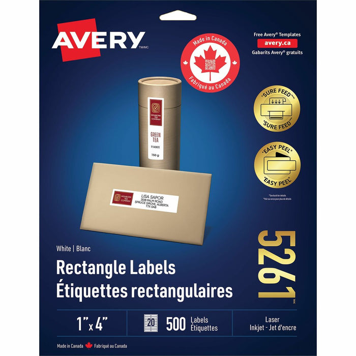 White Rectangle Labels with Sure Feed™ Technology with Easy Peel&reg;, 1" x 4" , for Laser and Inkjet Printers - 1" (25.40 mm) Height x 4" (101.60 mm) Width - Permanent Adhesive - Rectangle - Laser, Inkjet - Matte White - Paper - 20 / Sheet - 500 /