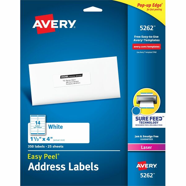 Avery&reg; White Rectangle Labels with Sure Feed&trade; TechnologyEasy Peel&reg;, 1-1/3" x 4" , for Laser and Inkjet Printers - 1 21/64" (33.78 mm) Height x 4" (101.60 mm) Width - Permanent Adhesive - Rectangle - Laser - Matte - White - Paper - Permanent
