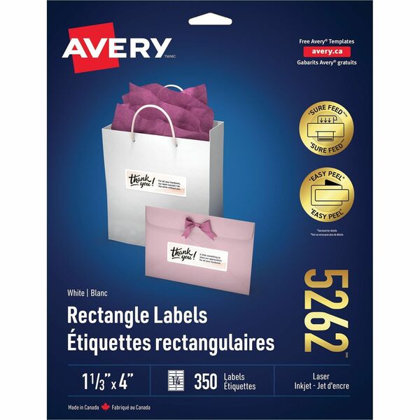 Avery&reg; White Rectangle Labels with Sure Feed&trade; Technology Easy Peel&reg;, 1?" x 4" , for Laser and Inkjet Printers - 1 21/64" Height x 4" Width - Permanent Adhesive - Rectangle - Laser - White - Paper - 14 / Sheet - 25 Total Sheets - 350 Total La