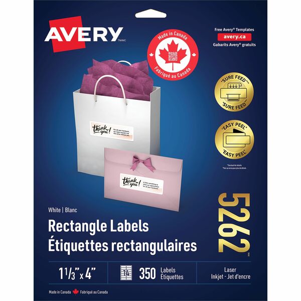 Avery&reg; White Rectangle Labels with Sure Feed™ TechnologyEasy Peel&reg;, 1-1/3" x 4" , for Laser and Inkjet Printers - 1 21/64" (33.78 mm) Height x 4" (101.60 mm) Width - Permanent Adhesive - Rectangle - Laser - Matte - White - Paper - 14 / Sheet