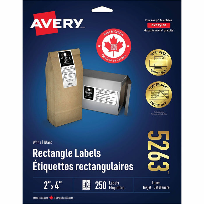 White Rectangle Labels with with Sure Feed™Technology TrueBlock&reg;, 2" x 4" , Permanent Adhesive, for Laser and Inkjet Printers - 2" (50.80 mm) Height x 4" (101.60 mm) Width - Permanent Adhesive - Rectangle - Laser, Inkjet - Matte White - Paper -
