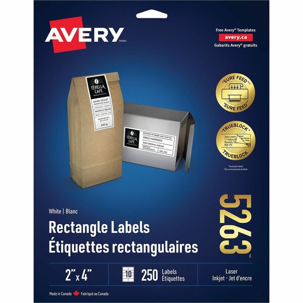 Avery&reg; White Rectangle Labels with Sure Feed&trade; Technology, TrueBlock&reg;, 2" x 4" , for Laser and Inkjet Printers - 2" Height x 4" Width - Permanent Adhesive - Rectangle - Laser - Bright White - Paper - 10 / Sheet - 25 Total Sheets - 250 Total L