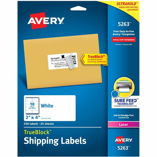 Avery&reg; White Rectangle Labels with Sure Feed&trade; Technology, TrueBlock&reg;, 2" x 4" , for Laser and Inkjet Printers - 2" (50.80 mm) Height x 4" (101.60 mm) Width - Permanent Adhesive - Rectangle - Laser - Matte - White - Paper - 10 / Sheet - 25 To