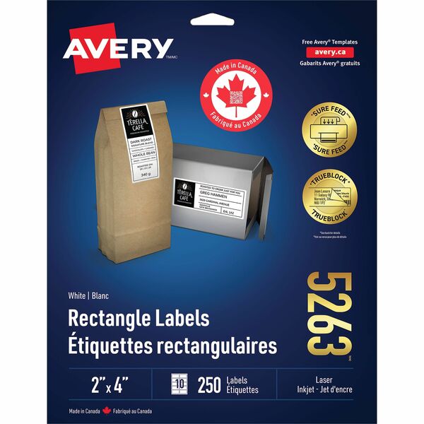 Avery&reg; White Rectangle Labels with Sure Feed™ Technology, TrueBlock&reg;, 2" x 4" , for Laser and Inkjet Printers - 2" (50.80 mm) Height x 4" (101.60 mm) Width - Permanent Adhesive - Rectangle - Laser - Matte - White - Paper - 10 / Sheet - 25 To