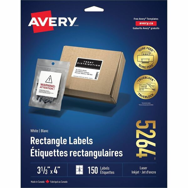 Avery&reg; White Rectangle Labels with Sure Feed&trade; Technology 3?" x 4" ,for Laser and Inkjet Printers - 3 1/3" Height x 4" Width - Permanent Adhesive - Rectangle - Laser - Bright White - Paper - 6 / Sheet - 25 Total Sheets - 150 Total Label(s) - 150