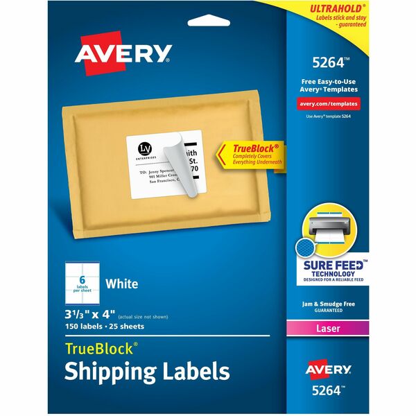 Avery&reg; White Rectangle Labels with Sure Feed&trade; Technology 3-1/3" x 4" ,for Laser and Inkjet Printers - 3 1/3" (84.66 mm) Height x 4" (101.60 mm) Width - Permanent Adhesive - Rectangle - Laser - Matte - White - Paper - Permanent Adhesive, Jam Resi