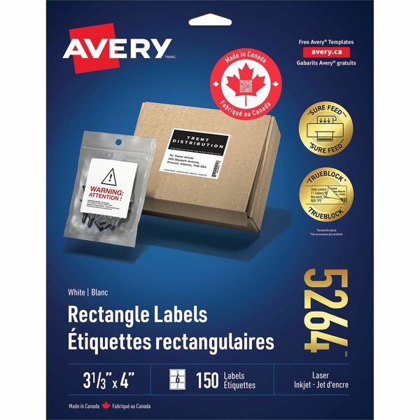 Avery&reg; White Rectangle Labels with Sure Feed™ Technology 3-1/3" x 4" ,for Laser and Inkjet Printers - 3 1/3" (84.66 mm) Height x 4" (101.60 mm) Width - Permanent Adhesive - Rectangle - Laser - Matte - White - Paper - 6 / Sheet - 25 Total Sheets