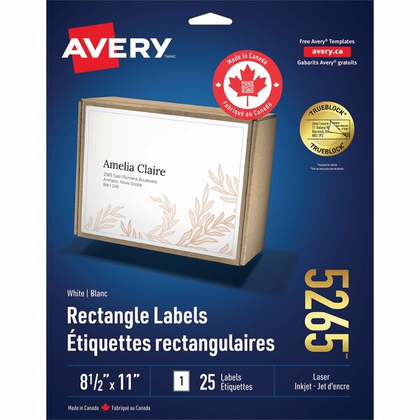 Avery&reg; White Rectangle LabelsTrueBlock&reg;, 8-1/2" x 11" , Permanent Adhesive, for Laser and Inkjet Printers - 8 1/2" (215.90 mm) Height x 11" (279.40 mm) Width - Full Sheet - Permanent Adhesive - Laser - Matte - White - Paper - 1 / Sheet - 25 Total